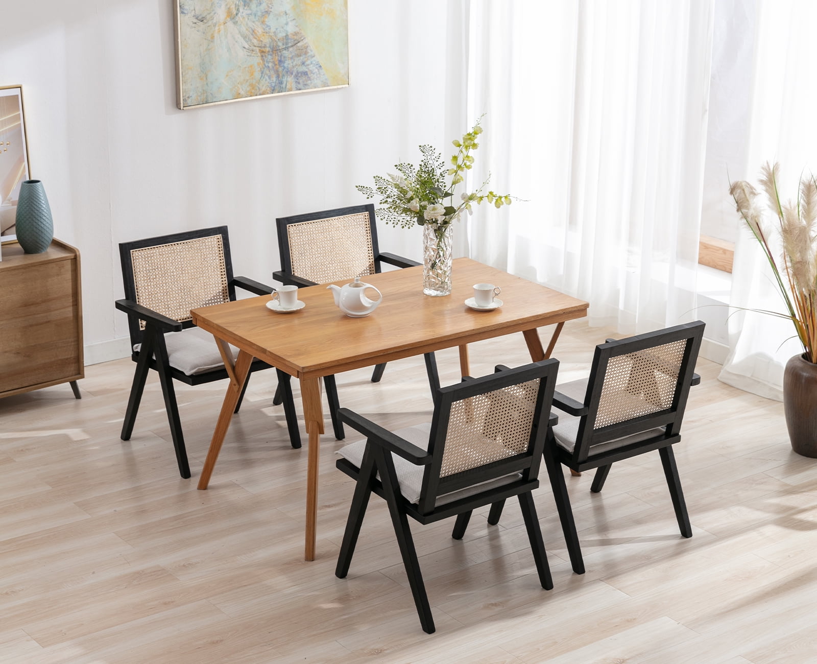Guyou Modern Rattan Dining Chair Set of 2, Mid-century French Farmhouse Upholstered Solid Wood Armchair Reading Chair, Retro Accent Chair with Woven Back and Black Base, Beige Fabric