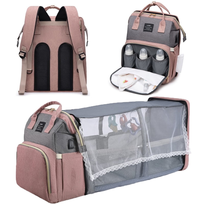 Diaper Bag Backpack, Multifunctional Baby Changing Bag with Foldable Crib & Insulated Milk