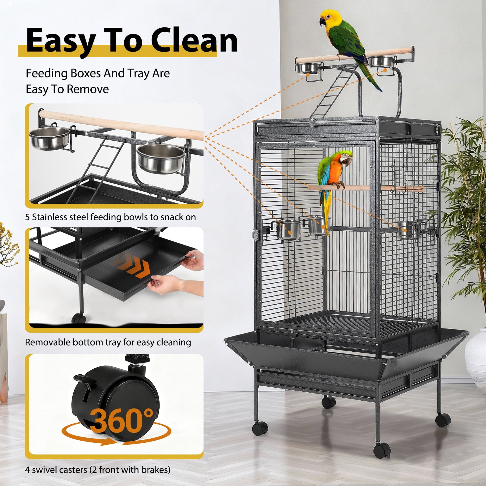 Large 65" Heavy-Duty Parrot Cage with Acrylic Door & Play Top – Perches, 4 Stainless Steel Bowls, 360° Wheels, Escape-Proof, Easy Clean, For Macaws, Cockatoos, Greys – Model SY-A08A
