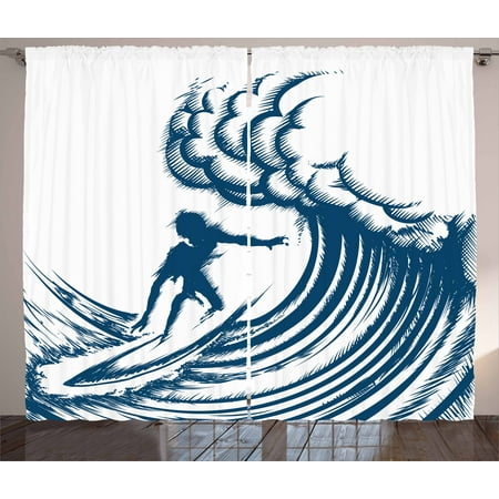 Coastal Style Living Room Ideas Surfing Curtains 2 Panels Set, Abstract Silhouette of a Surfer Riding a Big Wave Hand Drawn Style Coastal Art, Window Drapes for Living Room Bedroom, 108W X 90L Inches, Blue and White, by Ambesonne ()