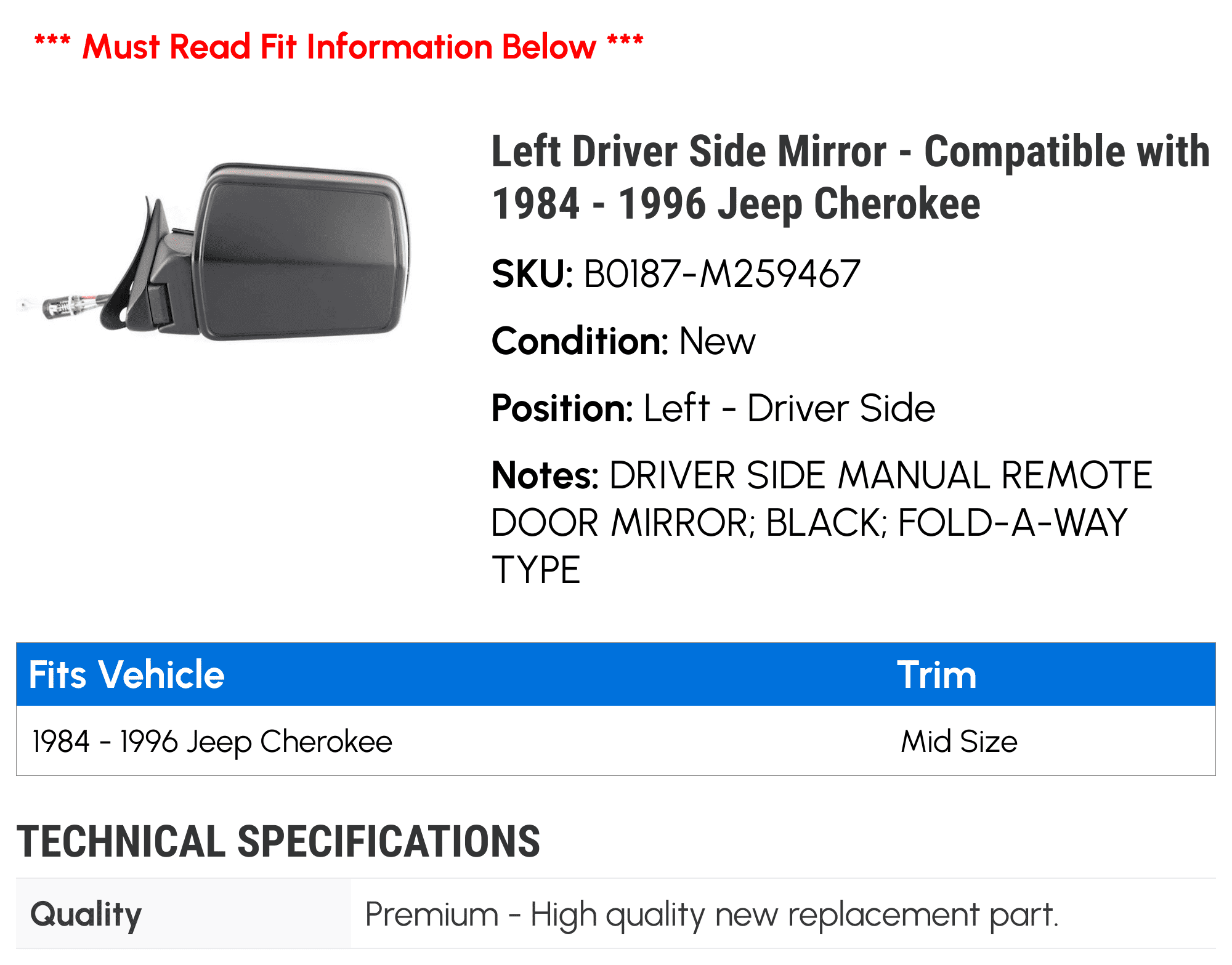 Left Driver Side Mirror - Compatible with 1984 - 1996 Jeep Cherokee 1985 1986 1987 1988 1989 1990 1991 1992 1993 1994 1995