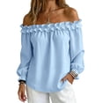 thumbnail image 2 of ClodeEU Women's Off Shoulder Long Sleeve Blouse, Casual Solid Color Top with Ruffled Trim Light Blue,Women's Plus L, 2 of 8