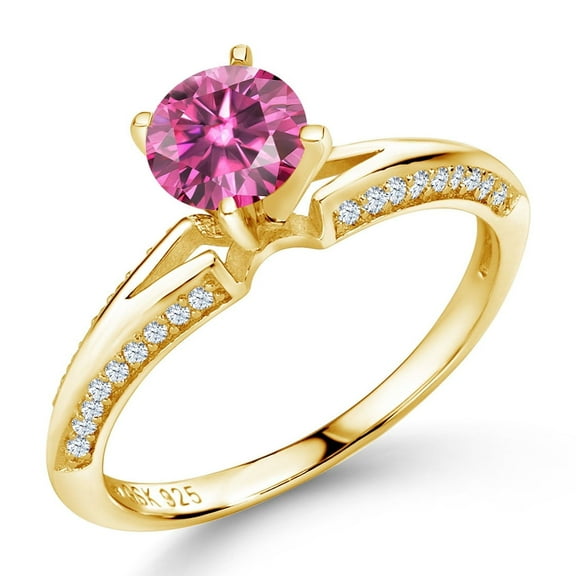 Gem Stone King 18K Yellow Gold Plated Silver Ring Round Pink Moissanite and (1.38 Cttw, Size 6)