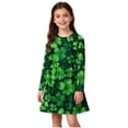 thumbnail image 2 of Girls' Long Sleeve Clover Print A-Line Dress for St Patricks Day, Green Kids Party Dress 4-14 Years,Size 7-8 T, 2 of 6