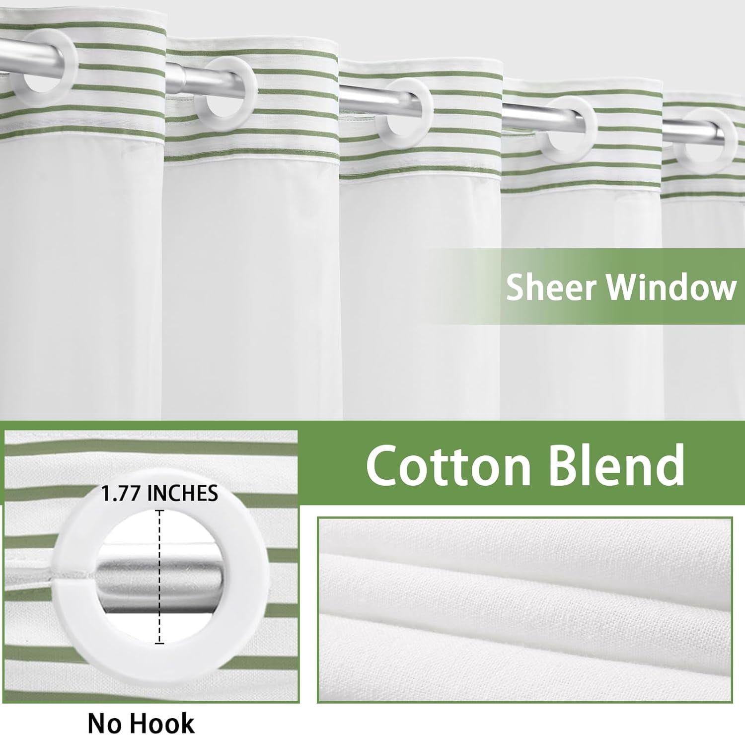 No Hook Shower Curtain with Snap in Liner Set Cotton and Linen Blend Shower Curtain for Bathroom Boho Farmhouse Green Striped 75" L x 72" W