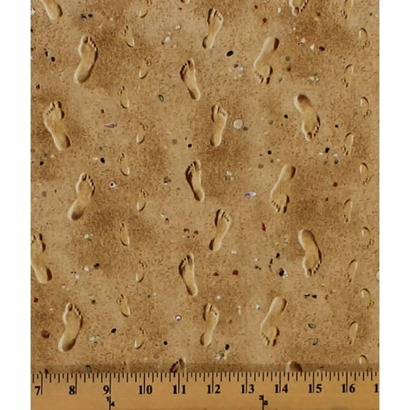 Cotton Landscape Medley Sand Footprints Beach Mini Seashells Cotton Fabric Print by the Yard (418-sand)