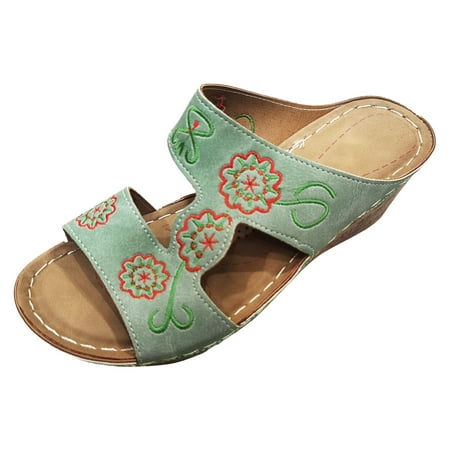 

GWAABD Comfortable Slides for Women Summer Embroid Flowers Prints Slip On Casual Open Toe Wedges Comfortable Beach Shoes Sandals