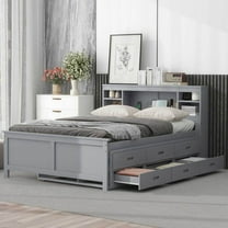 Newest Full Size Platform Bed with Storage Headboard, USB, Twin Size Trundle and 3 Drawers, Gray