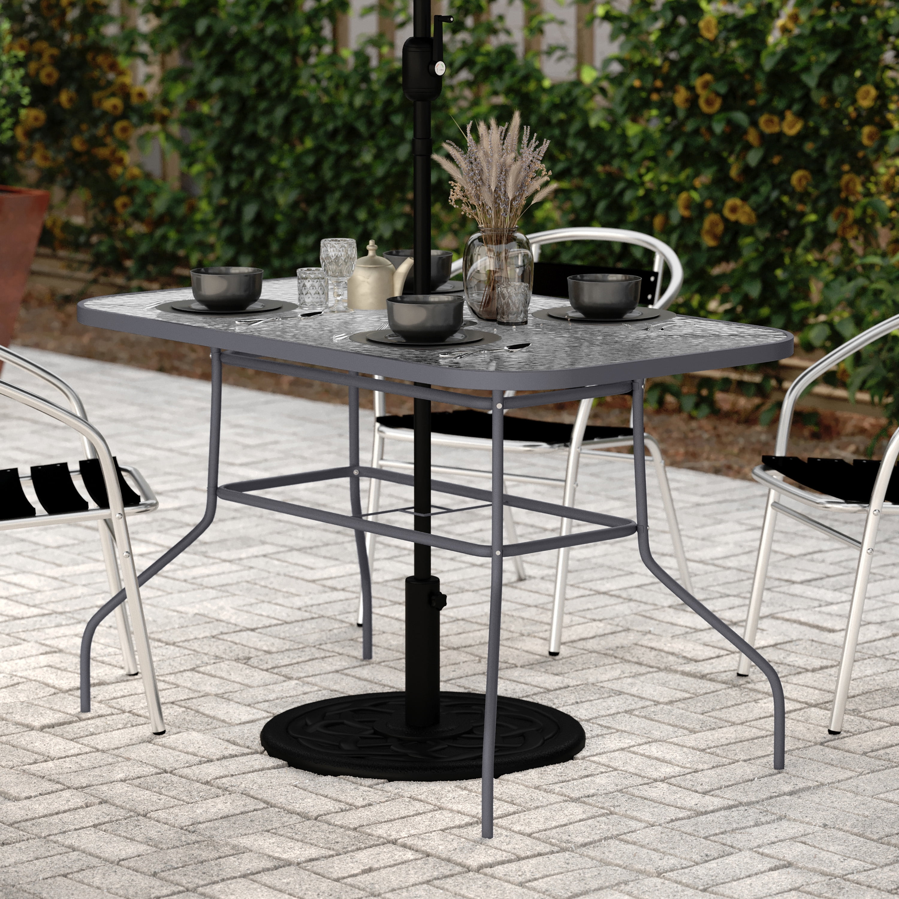 42 round tempered glass patio table with umbrella hole Clear Top Inch 3/16 Inch Thick Flat Polished Edge w/ 2-1/4" Hole, Ideal for Tables Desks Workspaces and Outdoor Furniture by Fab Glass and Mirror : Patio, Lawn & Garden Imagine hosting a summer brunch with this Nuu Garden Outdoor Dining Table Tempered Patio Replacement Glass Table