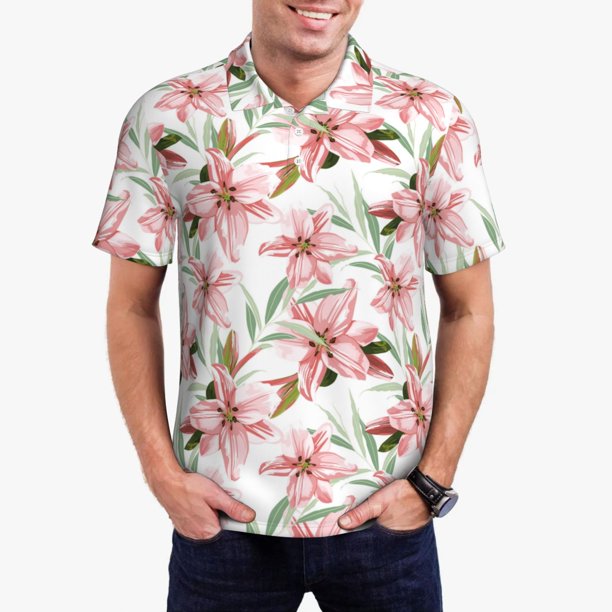 Balery Lilies Flowers Camisa Polo de Hombre con Estampado, de Manga Corta y Tejido Medio, Camisa Tipo Golf Polo-Small