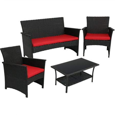 Outdoor Furniture With Red Cushions Sunnydaze Arklow 4-Piece Outdoor Patio Furniture Set with Red Cushions, Black Rattan Balcony & Porch Conversation Seating ()