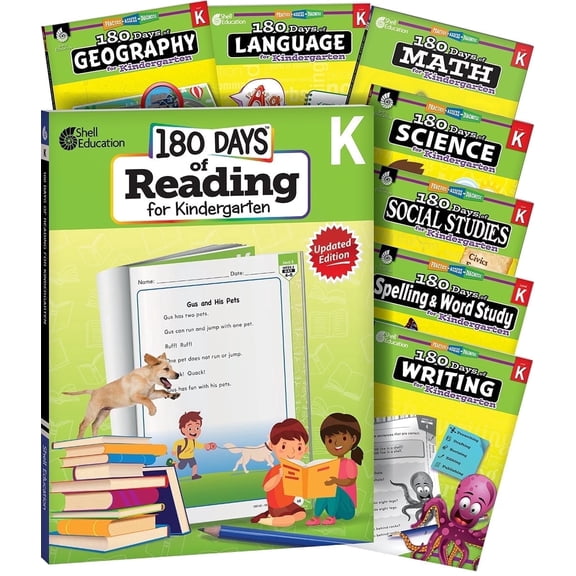 180 Days™: Kindergarten 8-Book Set: Daily Practice for Reading 2nd Edition, Writing, Spelling, Language, Math, Science, Social Studies, and Geography