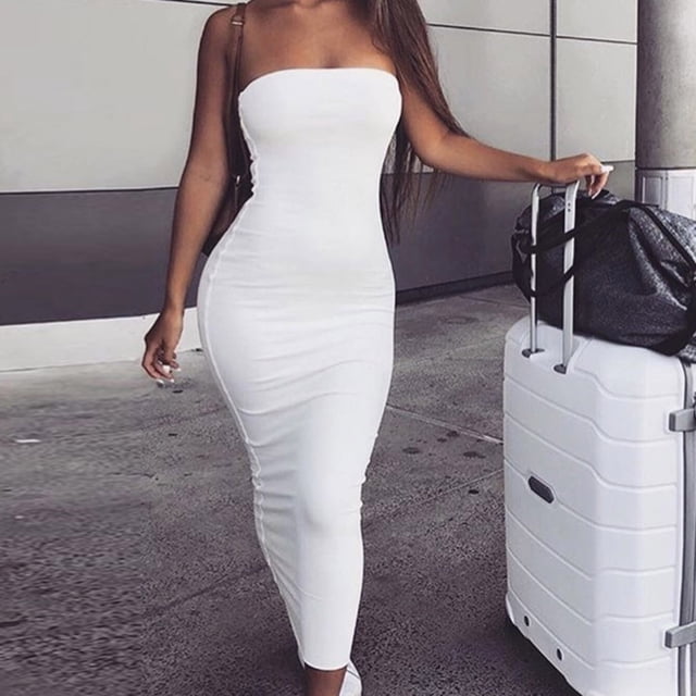 Fridja Robe d'Été Sans Manches pour Femmes, Longue, Ajustée, Couleur Unie