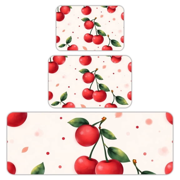 RKSupls Kitchen Rug Set 3 Piece Anti-Slip Flannel Floor Mats, Cherry Fruit Pattern Washable Absorbent Runner Mats for Kitchen Bathroom Home Decor