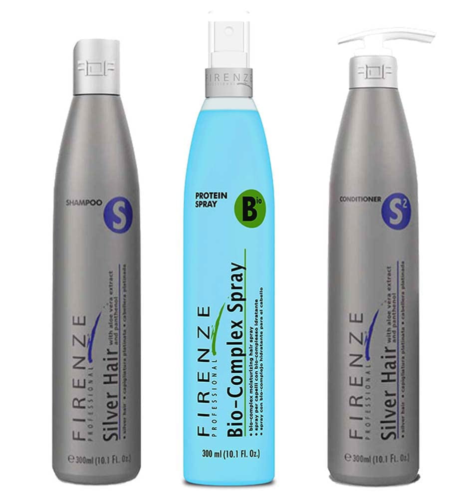 Firenze Professional Color Protection TRIO - Silver Hair Shampoo  Conditioner & Bio Complex Protein Spray with Free Red Gift Bag -  