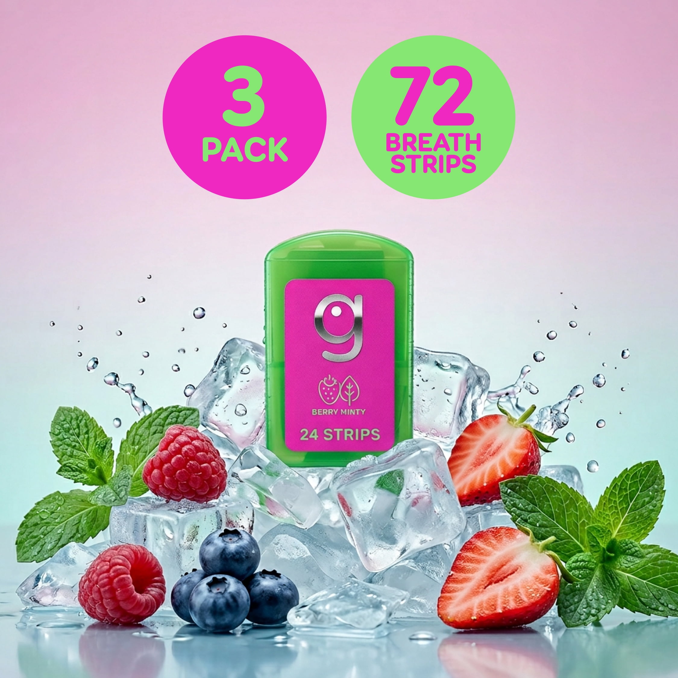 Grin Strips Breath Strips, Berry Minty, Instant Fresh Breath, Dissolves Instantly on Your Tongue, Sugar-free and Calorie-free, No Artificial Colors, 72 Breath Strips (3-24 Packs), Pocket-Sized Pack