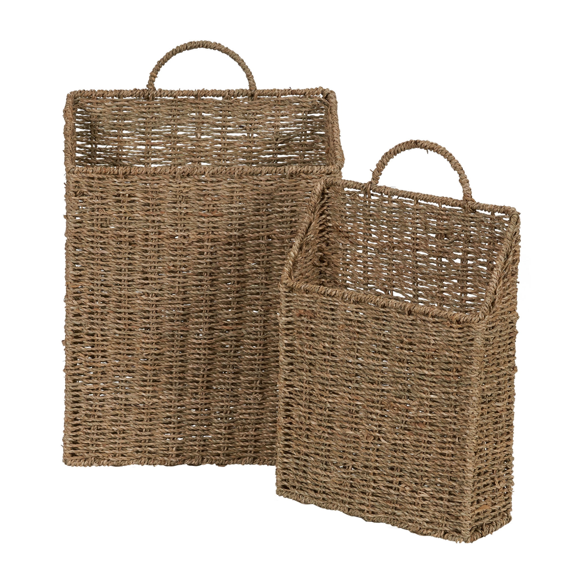 Household Essentials Rectangular Wicker Hanging Baskets, Set of 2, Small and Large, Handwoven Seagrass, Durable Metal Wire Frame, Natural