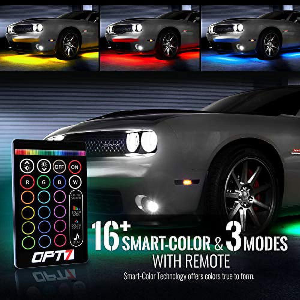 OPT7 Aura Aluminum Underglow LED Lighting Kit for Cars w/Wireless Remote,  Exterior Neon Accent Underbody Strips, Multi-Color n Mode, Waterproof,