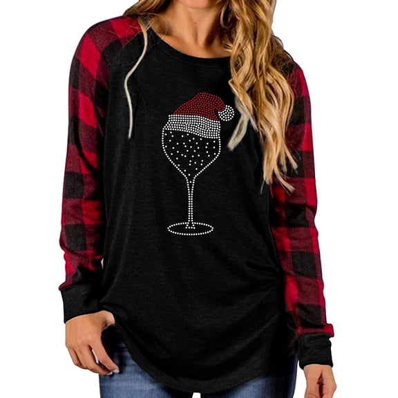 Tbopshirt Womens Hoodless Sweatshirts,Plus Size Essential Crewneck Sweatshirts Long Sleeve Plaid Christmas Print Splicing Round Neck Pullover T-Shirt Tops