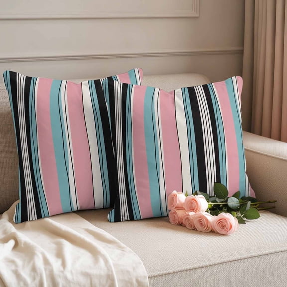 Watercolor Bending Stripes Waterproof Throw Pillow Covers Set of 2 Pink Blue Lines Outdoor Cushion Cover Pillow Protector Decorative Pillowcases for Bed Sofa Couch