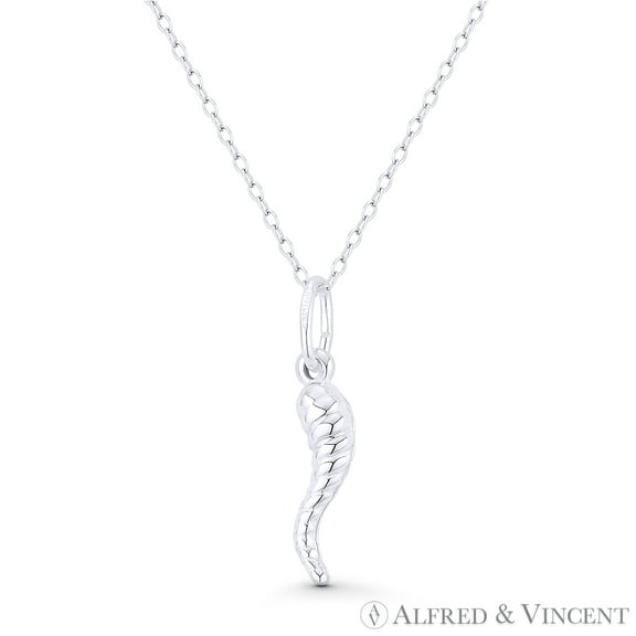 Italian Horn Corno Evil Eye Luck Charm 26mm (1in) Pendant & Chain Necklace in .925 Sterling Silver