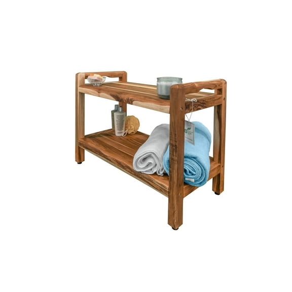 EcoDecors® Eleganto® 30" Teak Wood Shower Bench with LiftAide® Arms and Shelf in EarthyTeak® Finish