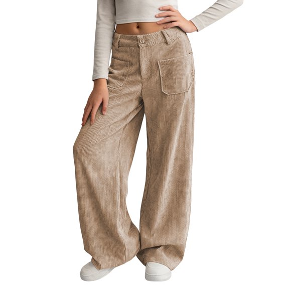 YunPes Teen Girls Corduroy Pants Baggy Wide Leg Pants Elastic High Waist Loose Sweatpants Casual Stretchy Pockets Trousers