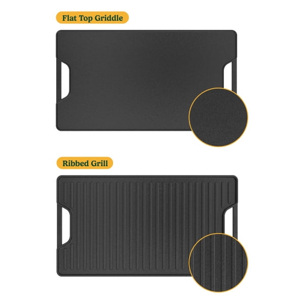 Cuisinart 2-in-1 Reversible Cast Iron Grill/Griddle Plate, Cooking for Campfire, Oven, Stovetop, Grill, 17.5” x 9.75” Dual-Sided Plate for Searing and Frying