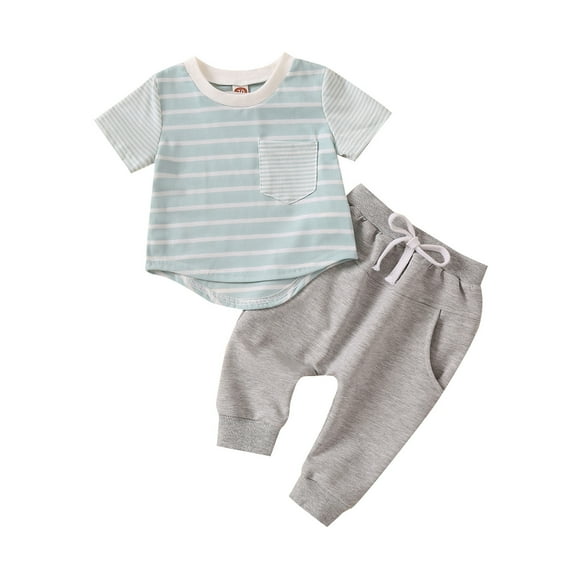 Otqutp Beach Bodysuits for Toddler Spring Boys Summer Short Sleeve Striped Prints Pocket Tops Pants 2PCS Outfits Clothes Set For Children