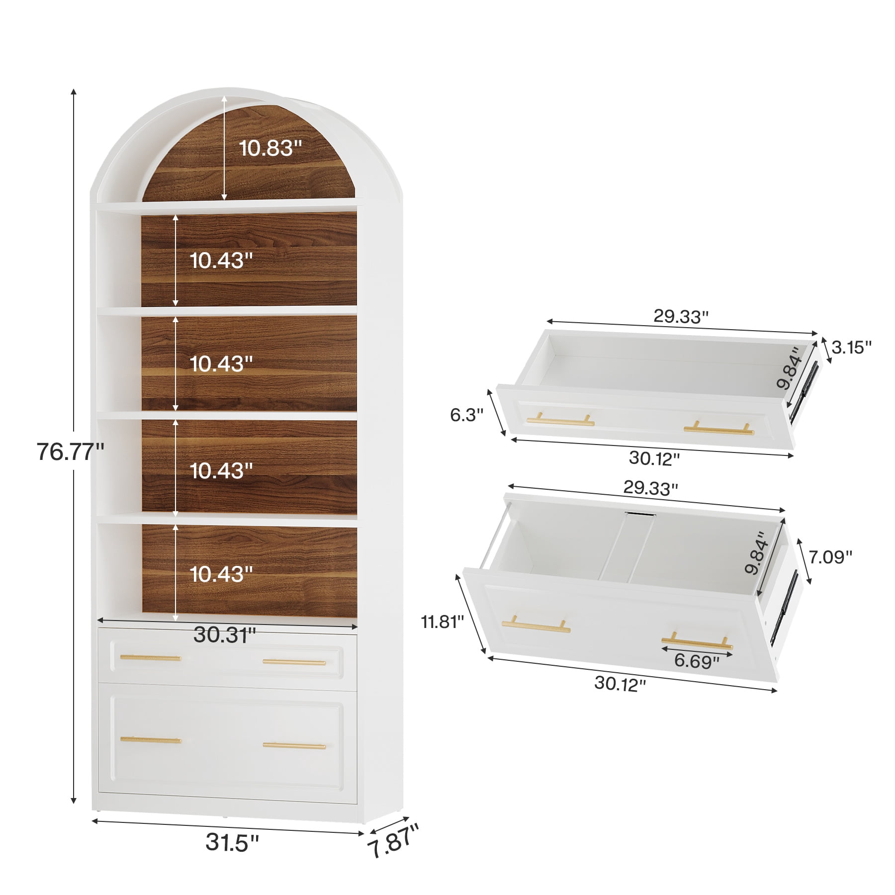Finmind 77" Tall Arched Bookcase Set of 2, 5-Tier Modern White Bookshelf with File Cabinet Drawer