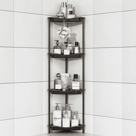 TINANA 4 Tier Floor Standing Corner Shower Caddy Organizer: Reinforced Plastic Shower Shelves with Extra-Tall Storage for Large Shampoo Bottles, Rustproof Bathroom Corner Shelf Rack with Hooks, Black