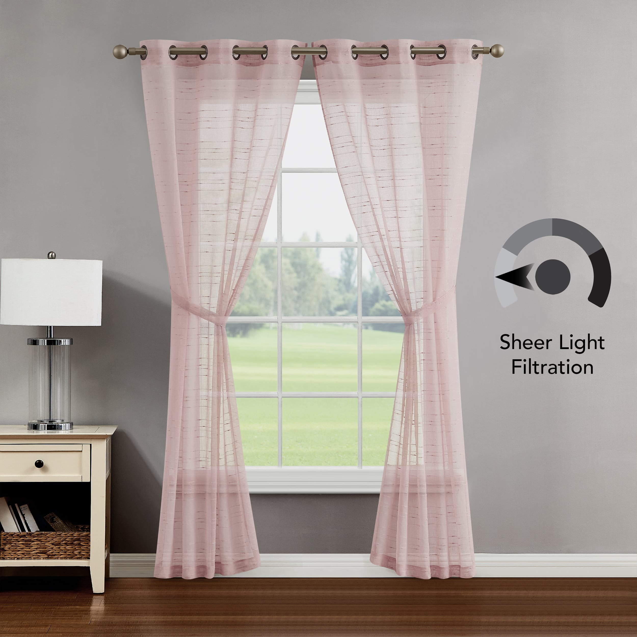 Blush Sheer Window Curtain Pair w Tiebacks, 38x108, Rosemary