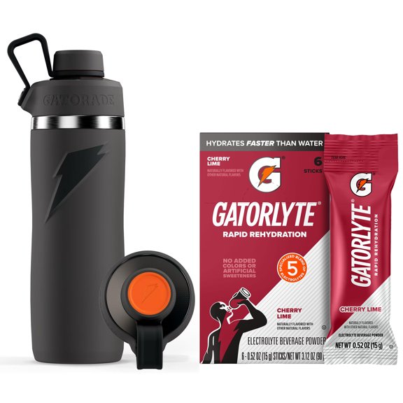 Gatorade Overtime Hydration System – Grey 22oz Stainless Steel Bottle   6 Gatorlyte Cherry Lime Rapid Rehydration Packets