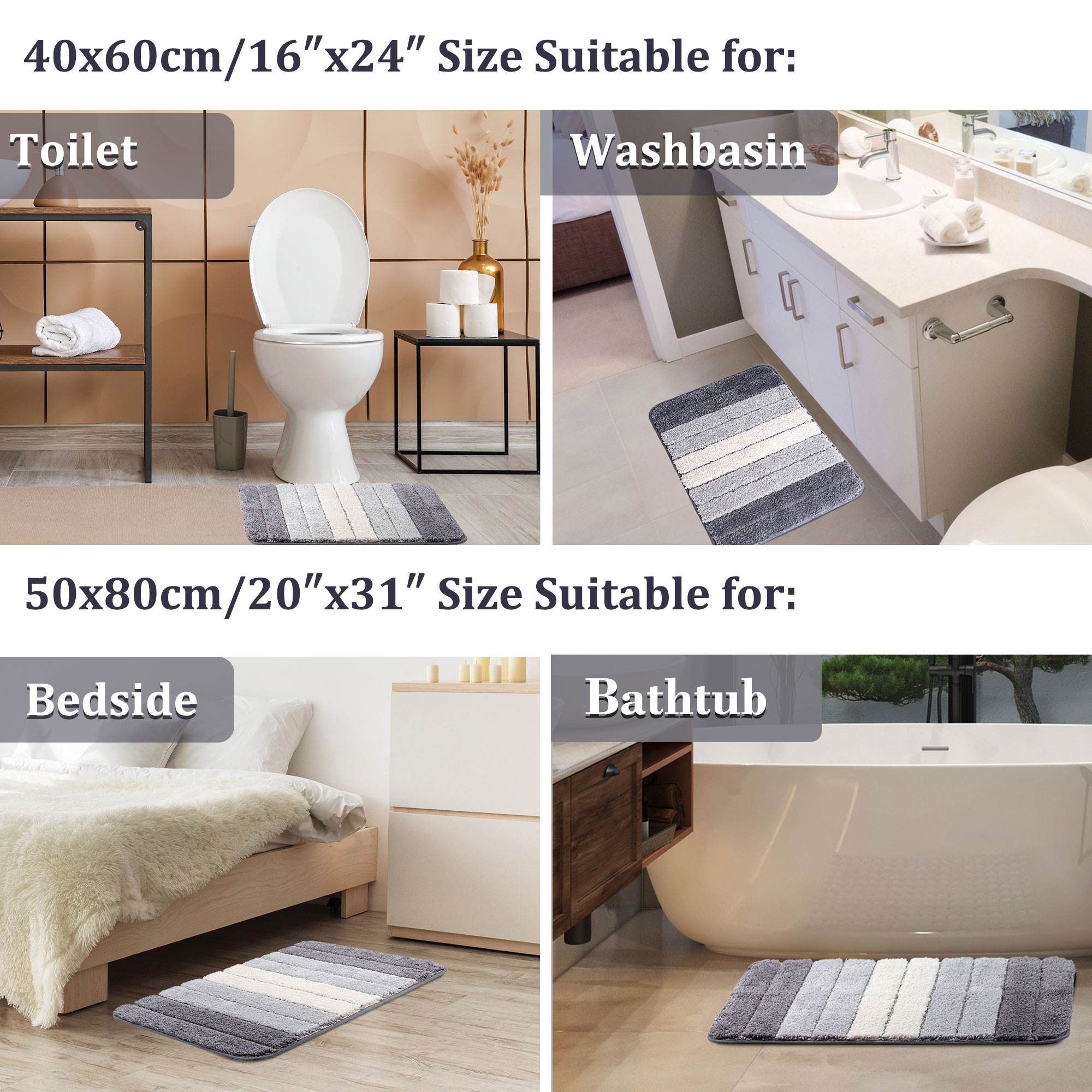 Unique Bargains Non Slip Soft Microfiber Striped Bathroom Rugs Light Gray 20"x31"