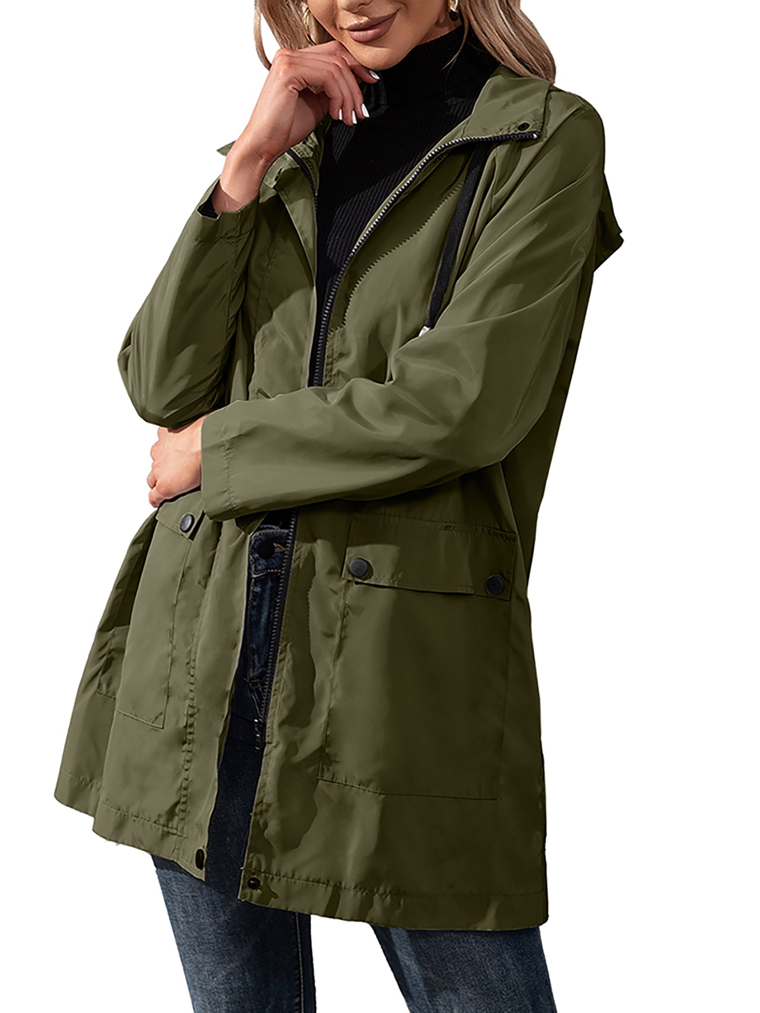 Gvmfive Women Lightweight Long Jacket Hooded Raincoat Trench Windbreaker Coats