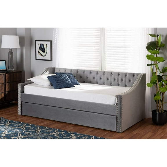 Baxton Studio Raphael Modern and Contemporary Grey Velvet Fabric Upholstered Twin Size Daybed with Trundle