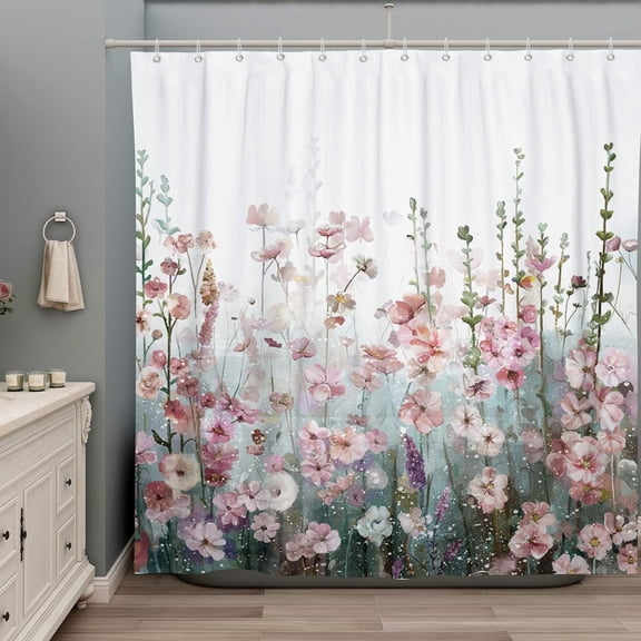Boho Floral Shower Curtain – Watercolor Beige Cream Blue Grey White Flower Fabric Shower Curtain Set with Hooks, Farmhouse Bathroom Decor