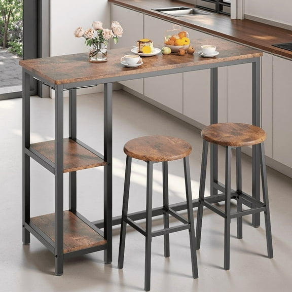 AIHO 3-Piece Counter Height Dining Table Set with Storage Shelves - Space-Saving Kitchen Bar Table Set for Small Spaces, Retro
