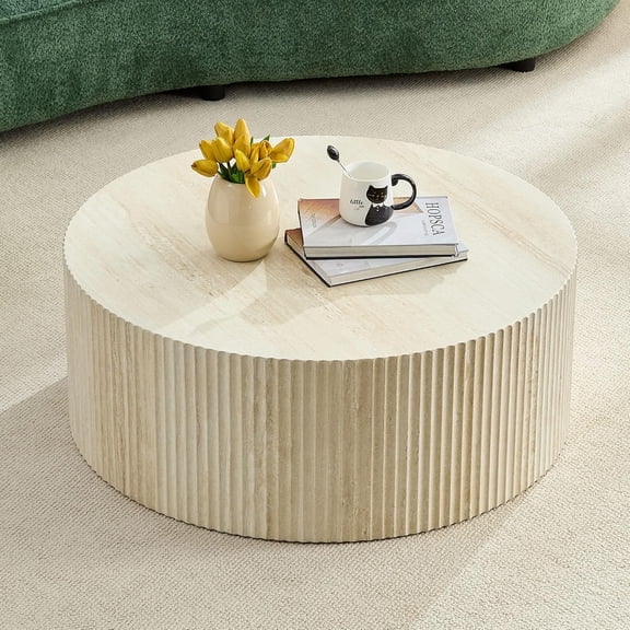 YWEN Round Coffee Tables for Living Room,Modern 35.43'' Fiberglass Cream Style Coffee Table for Small Space,Apartment,Balcony