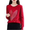 thumbnail image 2 of Suéter de cuello redondo para mujer, color liso, cuello redondo con diamantes de imitación como base, suéter de punto de manga larga y cuello redondo, blusa para mujer, 2 of 4