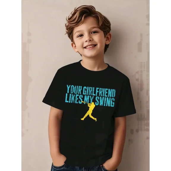 Boy's Funny Casual Baseball Swing Graphic T-Shirt