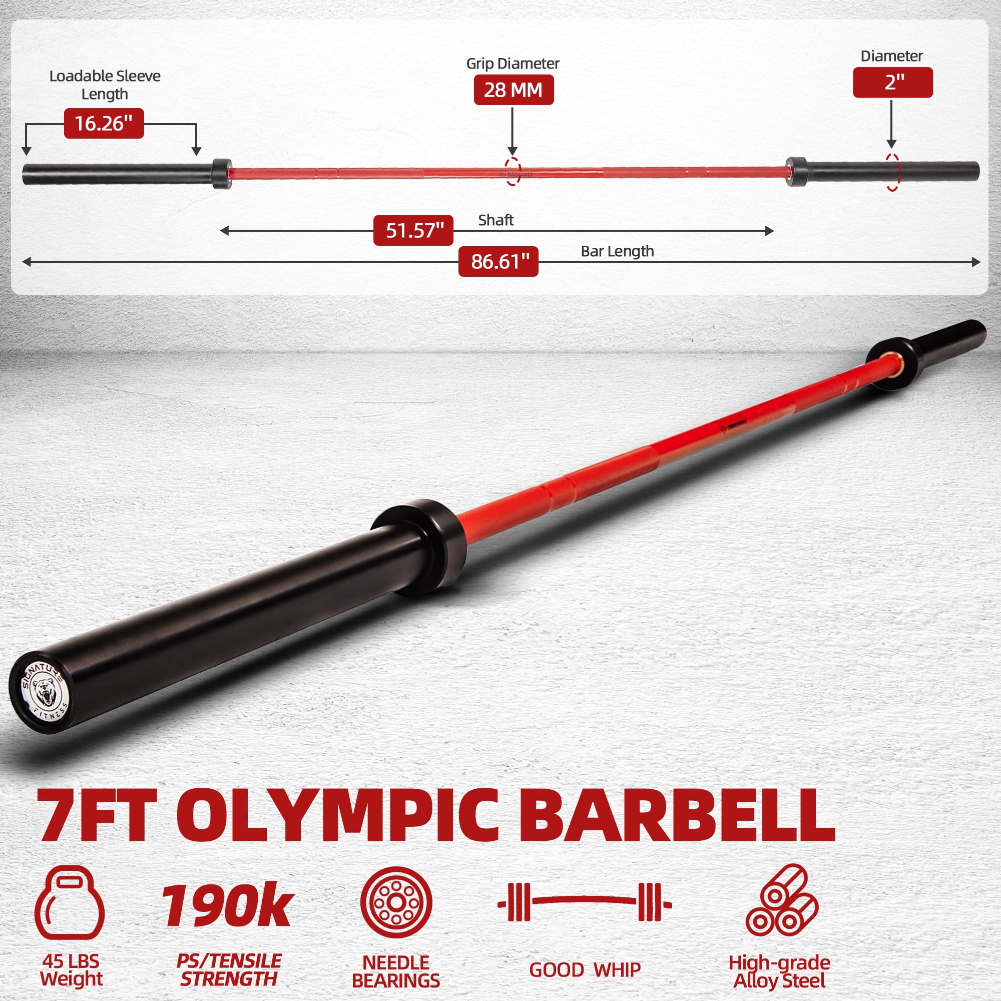 FlexWave Straight Olympic Barbell, Alloy Steel with Ceramic Coating, 2-Inch Diameter, 7FT, Available in Multiple Colors