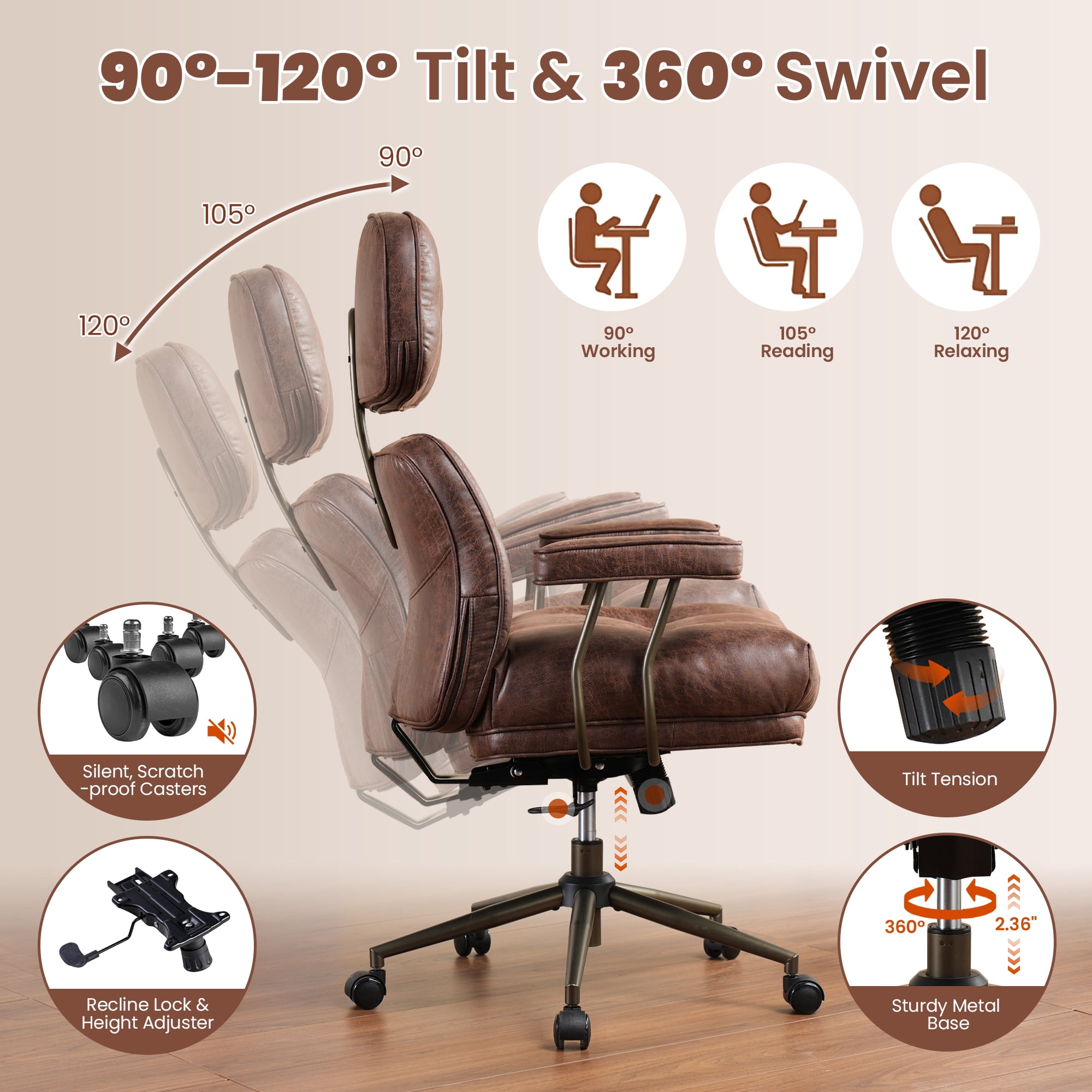XIZZI Executive Office Chair, Oversized Computer Desk Chair with High Back, Ergonomic Elegant Design, Multi-Layer Memory Foam Cushion, Dark Brown (Suede Leather)