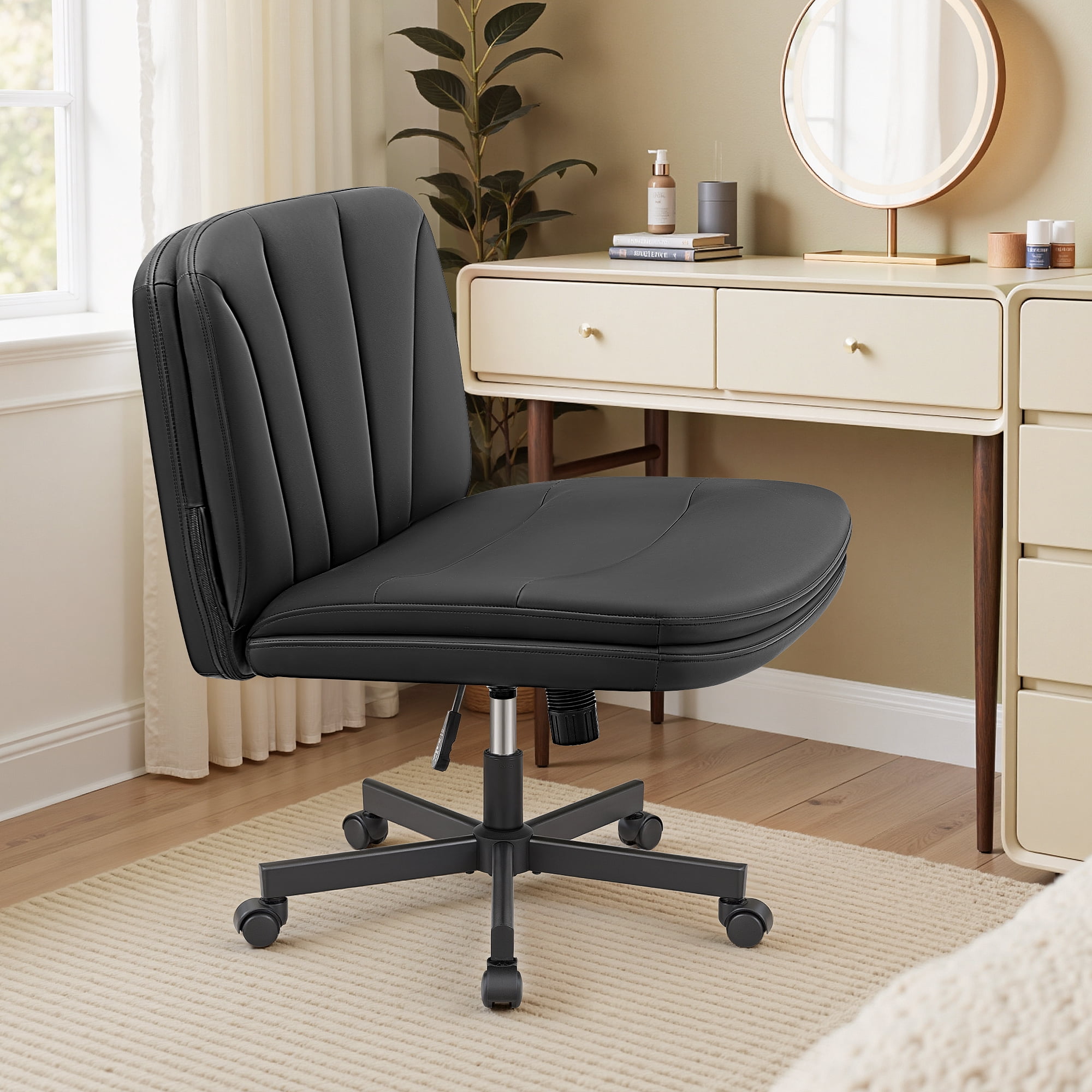 ATHOPE Criss Cross Chair with Wheels, 26"W Cross Legged Office Chair, Armless Vanity Desk Chair with 2 Layer Back & Seat, Swivel Height Ajustable for Home Office Bedroom, Black PU Leather