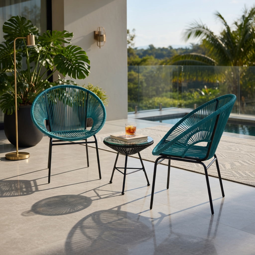 Hommoo 3-Piece Acapulco Patio Bistro Set, Plastic Rope Chairs + Tempered Glass Table for Outdoor Dining, Poolside & Garden, Turquoise