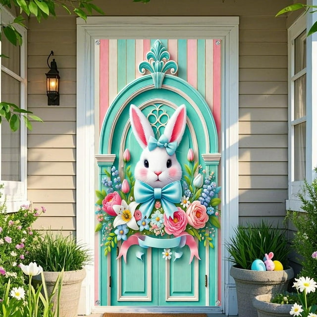 Binwennn Rideau de Porte de Pâques Design Lapin Œuf Coloré en Polyester Drapeau en Tissu Chemise Femmes Drapeaux Muraux Fanions Extérieurs et Patch Drapeau Bannière du Nouvel An 2022 Bannière Plate Forte Joyeuses Pâques