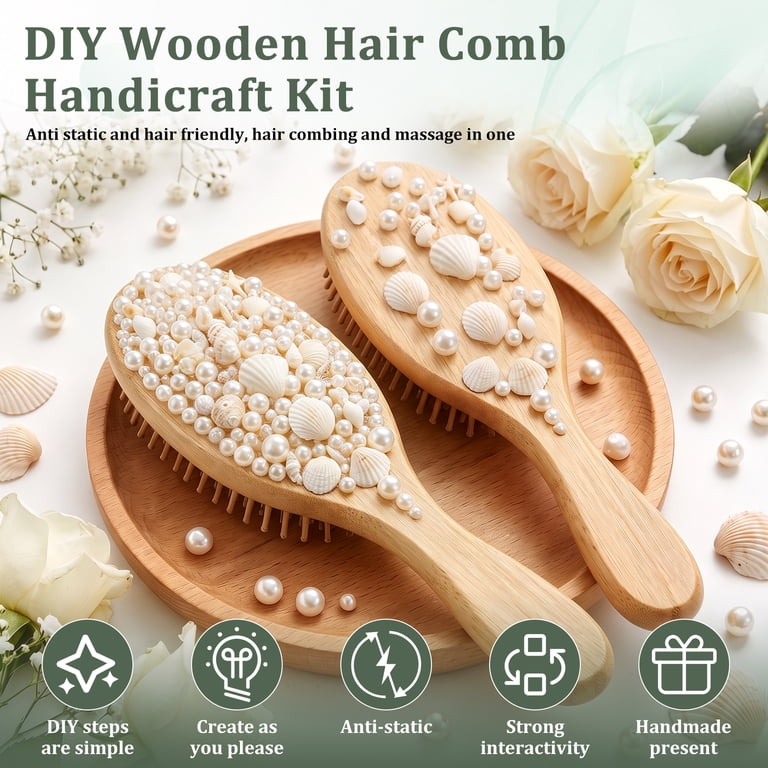 6 Sets DIY Wooden Hairbrush Craft Kit 8.27 Pearl Shell, Round White ...
