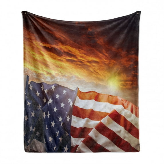 American Flag Soft Flannel Fleece Throw Blanket, Banner in Front of Sunset Sky Horizon America Union Idyllic Photograph, Cozy Plush for Indoor and Outdoor Use, 50" x 60", Multicolor, by Ambesonne