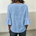 thumbnail image 4 of GERsome Button Down Shirts for Women V-Neck Ruffled 3/4 Sleeve Loose Fit Blouse Tops Solid Color Light Blue L, 4 of 8