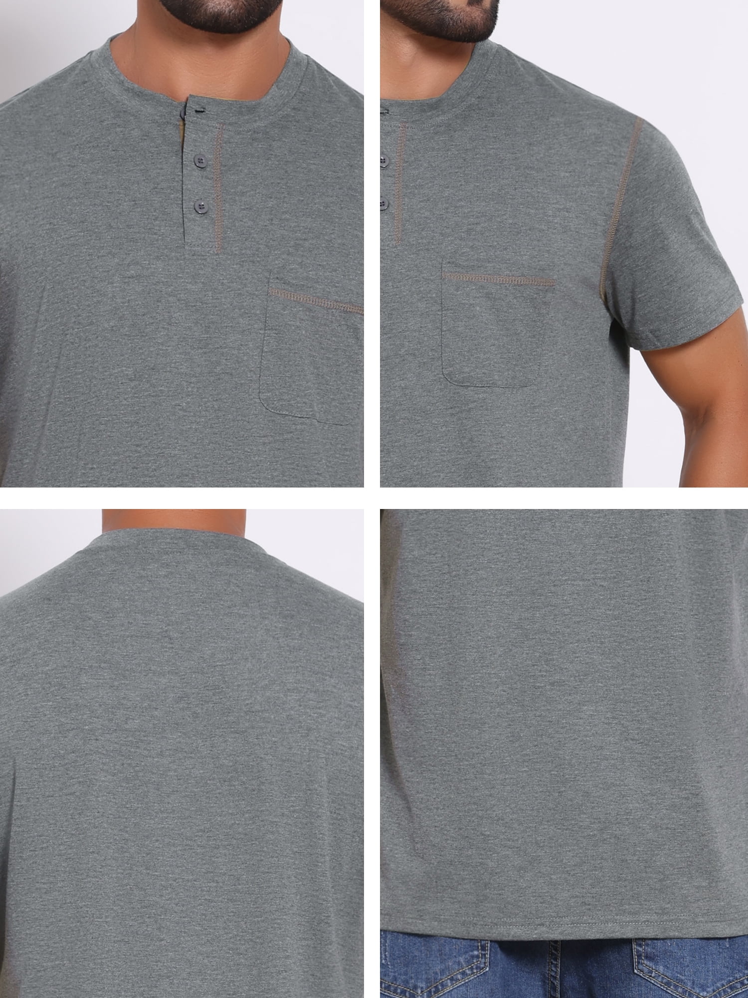 DARING DIVA Men's Henley Crew Neck Short Sleeve Button Down T-Shirt S Gray